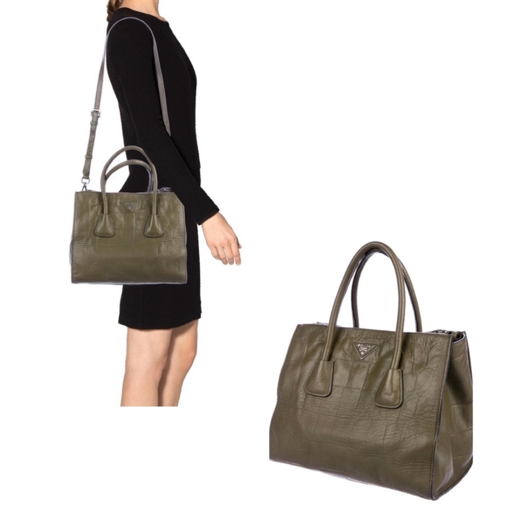 PRADA Olive Green Embossed Leather Twin Pocket Bag